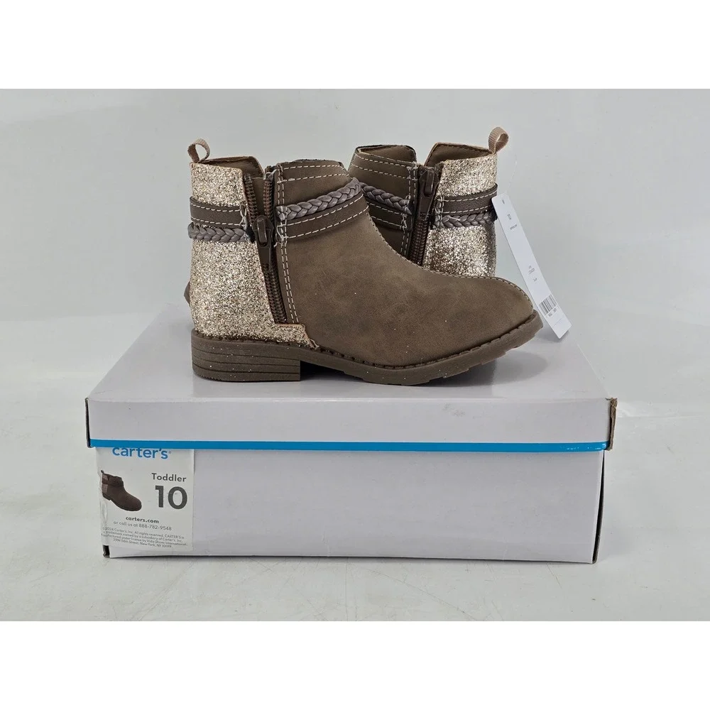 Carter's Letty Ankle Boots Toddler 10 Taupe Glitter Braided Strap - New